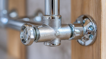 A polished metal valve with reflective surfaces links to pipes mounted on a rustic wooden backdrop,...
