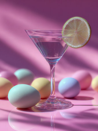 A sleek crystal cocktail glass featuring a bright lemon wedge, set amidst pastel eggs, illuminated by bold lighting atop a vivid pink canvas.の写真素材