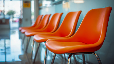 Vibrant orange seating lines the space, set against glaming floors and expansive windows that flood the area with natural light, fostering a welcoming and organizedの写真素材