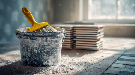 An artist's brush sits in a well-worn container, dusted with white plaster residue, amidst unfolded tiles and gentle sunlight streaming through nearby windows.の写真素材