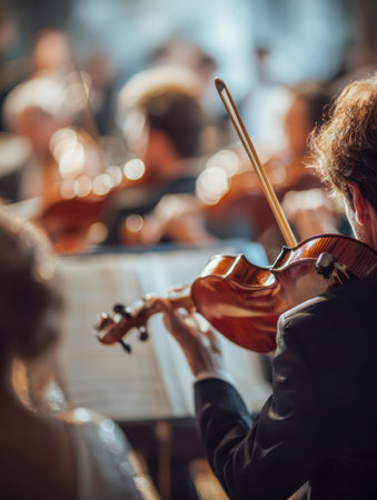 A passionate musician intently plays her violin amid an orchestral ensemble, bathed in golden light...