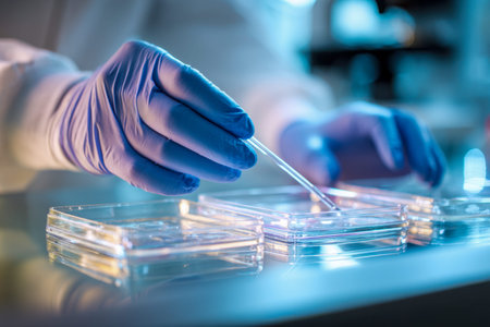 A researcher in safety gear carefully moves fluid specimens across layered glass containers,...