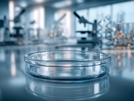 A clear glass vessel rests on a shiny surface, capturing reflections, with laboratory tools softly blurred behind, embodying innovation and meticulous scientific inqの写真素材