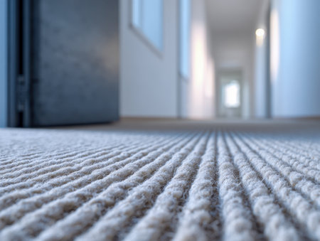 A plush, tactile rug anchors a sleek, contemporary corridor illuminated by sunlight streaming through an open doorway, evoking warmth and inviting comfort.の写真素材