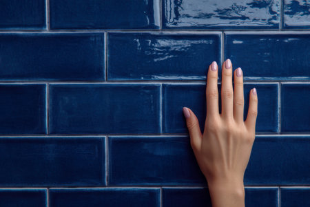 A refined hand with perfectly polished nails rests delicately against reflective navy tiles, highlighting a chic, contemporary space with warm skin hues.の写真素材