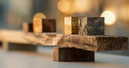 Wooden cubes meticulously stacked to symbolize stability and serenity, illuminated by gentle amber tones against a blurred, tranquil backdrop.の写真素材