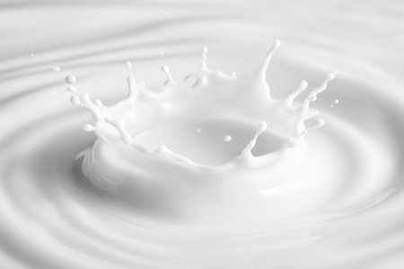 A dynamic splash of rich cream erupts on a pristine white surface, forming delicate crown-like structures and tiny droplets suspended in instantaneity.の写真素材