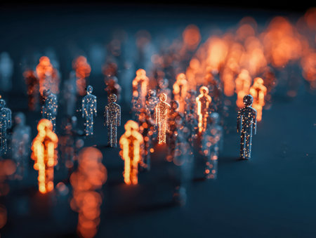 Vibrant luminous silhouettes interconnect within a sleek, high-tech backdrop, illustrating seamless information exchange and digital unity in a sophisticated virtualの写真素材