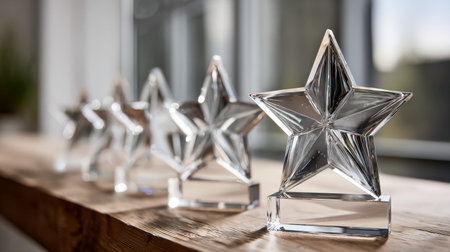 Elegant crystal-star awards are arranged neatly on a polished wooden surface, with a softly blurred...