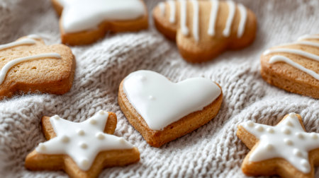 Colorful holiday cookies in heart and star shapes with delicate white icing sit arranged on soft knitted fabric, evoking warmth and joy for winter festivities.の写真素材