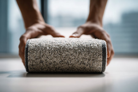 A person spreads out a plush, beige rug onto a sleek surface, illuminated by gentle sunlight streaming through a large glass window, creating a cozy ambiance.の写真素材