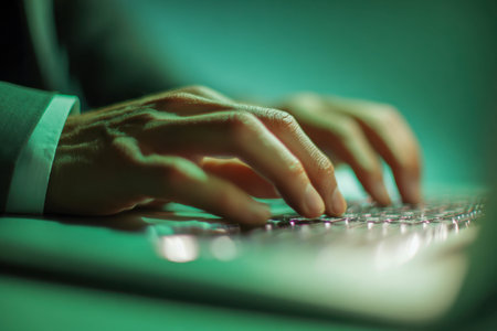 A individual engages in focused typing on a sleek, backlit keyboard bathed in calming green glow,...