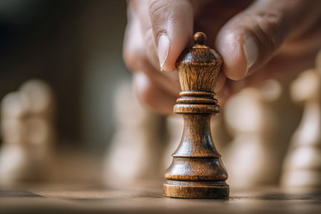 A focused hand delicately adjusts a polished ebony king piece, emphasizing thoughtful planning and high-stakes choices in a tense match scenario.の写真素材
