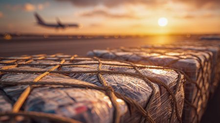 During a glowing sunset, tightly bound cargo pallets rest on a runway, with an aircraft approaching...