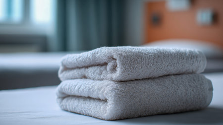 A gentle arrangement of pristine, cushy towels stacked precisely on a welcoming bed, illuminated by...