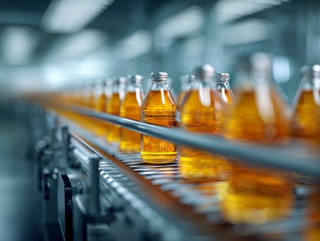 Sleek glass bottles containing golden beverage glide steadily on a conveyor, set against a softly blurred industrial environment illuminated by bright overhead lightの写真素材