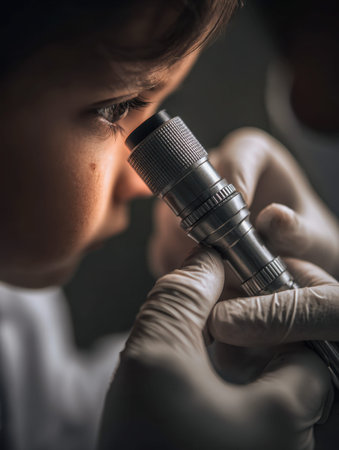 A young child during a precise eye assessment, guided by a healthcare expert with gloved hands and a...