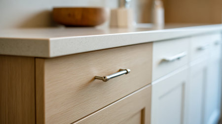 Sleek light wood cabinetry with polished steel accents framing a pristine white surface, complemented by simple decor elements that evoke a fresh, contemporary vibe.の写真素材