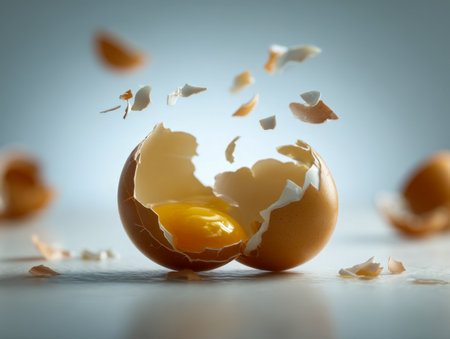 A delicate, warm-toned shell explodes outward, releasing a vibrant golden yolk amid scattered fragments, illuminated by gentle natural light on a sleek surface.の写真素材