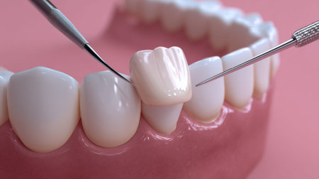 A skilled dental professional carefully places a ceramic layer onto a detailed tooth replica,...