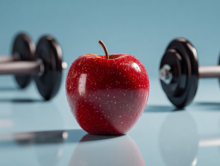 A glossy red apple rests on a shiny surface, its vivid color contrasting gently with the softly blurred gym weights behind, embodying harmony between nutrition and sの写真素材