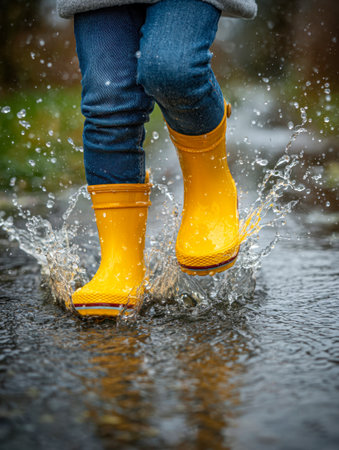 A young child in bright yellow rain boots leaps into a puddle amidst fallen leaves, clutching a cozy sweater and denim jeans, radiating pure joy on a drizzly autumnの写真素材