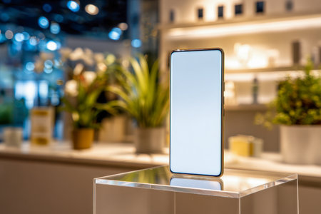 A contemporary, minimalist phone with a pristine blank display rests on a glass holder amid chic indoor decor, lush greenery, and subtle ambient lighting.の写真素材