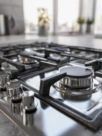 A sleek, polished steel cooking surface with sturdy black iron grates and minimalist knobs, set in a...