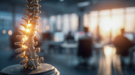 A detailed vertebral model bathed in gentle amber lighting, set against a sleek workspace with blurred figures of specialists collaborating nearby.の写真素材
