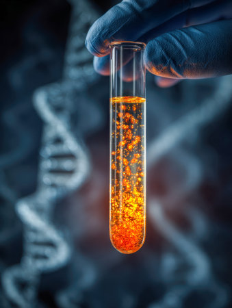 A researcher examines a vibrant orange liquid in a test tube, with a softly blurred dna helix...