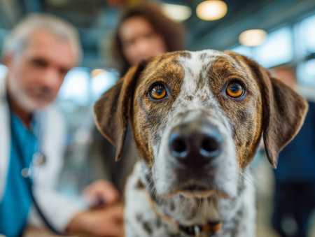 An attentive veterinarian gently checks a mixed breed dog's ear as worried owners watch nearby, set against a sleek, contemporary clinic interior.の写真素材