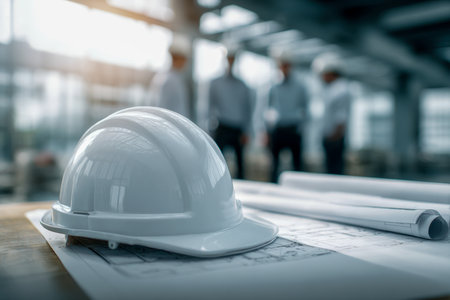 A pristine white safety helmet gently placed atop detailed blueprints, as engineers in protective gear collaborated indoors, immersed in planning and design.の写真素材