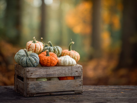 A charming display of vibrant pumpkins in a weathered wooden box, nestled on a warm-toned surface amid a softly blurred forest scene, evoking seasonal warmth and comの写真素材