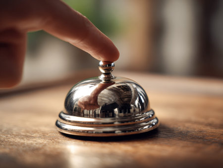A single hand poised above a reflective metal bell, set on a warm wooden surface, evoking readiness...