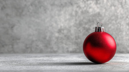A striking crimson ornament rests atop a subtly textured gray surface, set against a softly blurred...