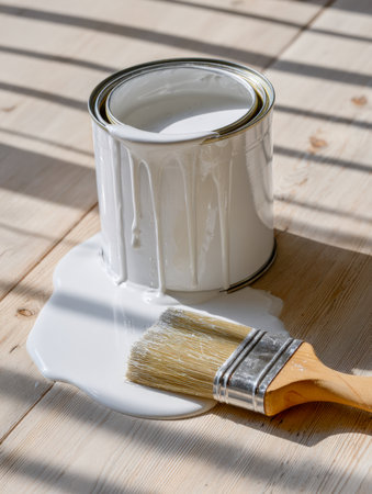 Soft daylight casts gentle shadows over spilled white paint pooling on a wooden floor, with a natural bristle brush lying nearby, hinting at fresh renovation.の写真素材