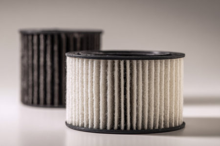 Contrast between a pristine white cylindrical filter and a heavily soiled black one highlights the effectiveness and wear of filtration systems on a neutral surface.の写真素材