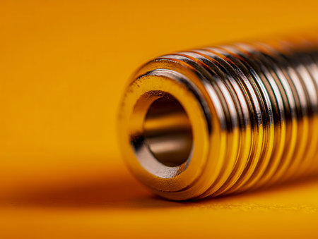 A detailed close-up reveals a polished steel bolt with precise threading and a hollow core, set...