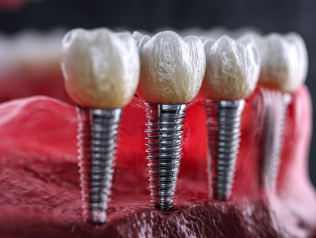 A close-up of dental implants embedded in realistic gum material highlights cutting-edge approaches to tooth restoration, emphasizing precision and durable oral healの写真素材