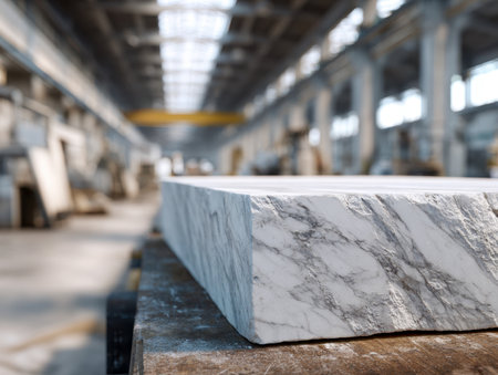 A gleaming marble slab rests on a rustic wooden table, illuminated by soft daylight filtering through skylights amid a vast industrial workspace with muted surroundiの写真素材