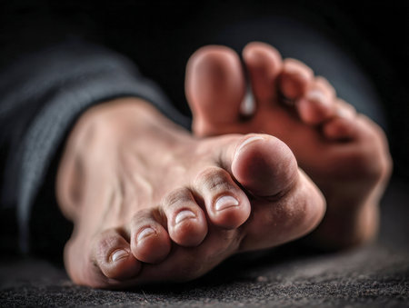 A intimate close-up highlighting skin details and natural toe alignment, set against a textured base with a softly blurred, shadowy backdrop.の写真素材