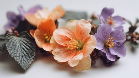Elegant arrangement of delicate peach and lavender blooms with intricate petal details, complemented by textured green leaves against a clean, white backdrop.の写真素材
