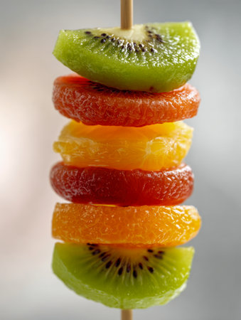A vivid display of sliced kiwi, orange, and lemon layered on a wooden skewer, showcasing bright, juicy textures perfect for a lively, healthy treat.の写真素材