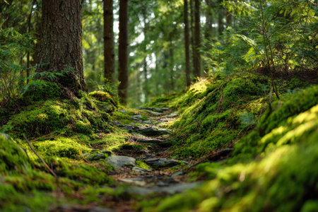 A tranquil woodland pathway means through vibrant moss and filtered sunlight, surrounded by majestic trees that evoke calmness and natural beauty.の写真素材