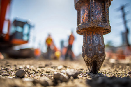 A weathered drill bit punctures the earth, its textured rusted surface contrasting with the vibrant sunlight, while blurred figures and equipment set the dynamic scene.の写真素材