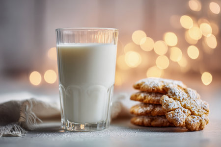 A clear glass filled with chilled milk stands beside a pyramid of homemade cookies sprinkled with powdered sugar, illuminated by cozy, twinkling holiday lights.の写真素材