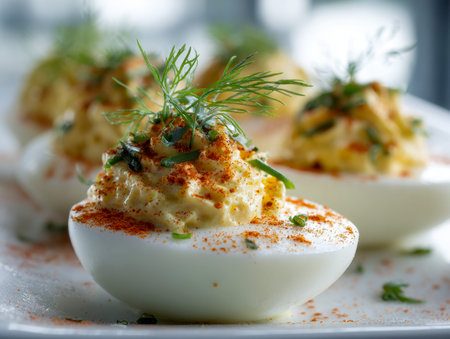 Elegant appetizer featuring bite-sized eggs filled with silky dressing, topped with vibrant dill and...
