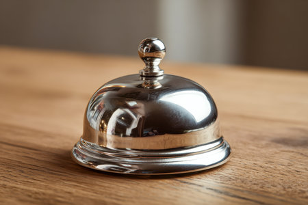 A polished silver bell rests on a wooden countertop, catching soft indoor lighting, evoking a welcoming atmosphere perfect for guest interactions.の写真素材