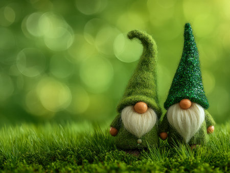 Two whimsical clay gnomes with flowing white beards and tall, pointed hats share a peaceful moment amidst vibrant grass, surrounded by a blurred natural backdrop.の写真素材