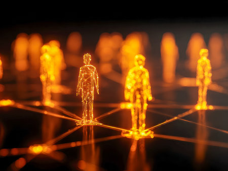 Neon-lit silhouettes hover against a dark backdrop, linked by luminous webbed lines, symbolizing seamless teamwork and cutting-edge connectivity in a sci-fi setting.の写真素材